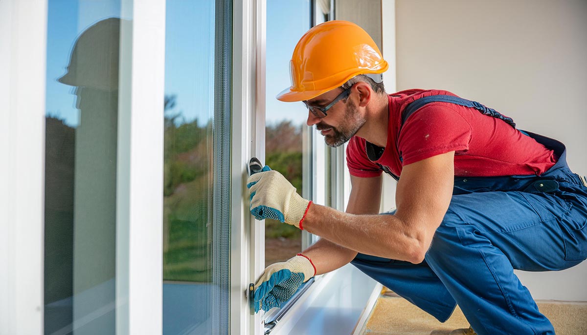 Mitarbeiter beim Einsetzen eines neuen Fensters, generiert mit KI