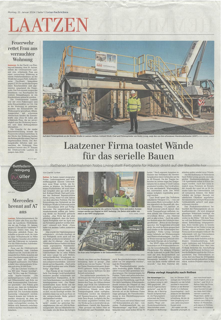 Laatzener Firma toastet Wände für das serielle Bauen, Artikel auf der HAZ