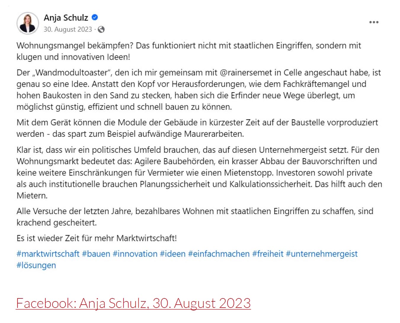 Anja Schulz 30.Aug. 2023. Wohnungsmangel bekämpfen? Das funktioniert nicht mit staatlichen Eingriffen, sondern mit klugen und innovativen Ideen. Der "Wandmodultoaster", den ich mir gemeinsam mit @rainersemet in Celle angeschaut habe, ist genau so eine Idee.